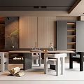 Modern Restaurant Interior Featuring Wooden Cabinets Gray Storage Dining Table Chairs Fireplace and Cactus