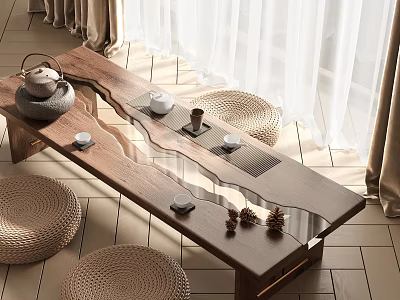 Long Wooden Tea Table With Tea Set Decorations Sunlight Through White Curtains Wicker Seats 3d model