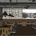 Warm Restaurant Interior With Wooden Tables Chairs Pendant Lights And Decorative Shelves