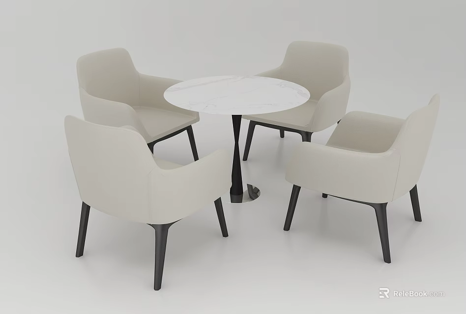 Round White Marble Top Dining Table Set with Four Beige Black Legs Chairs 3d model