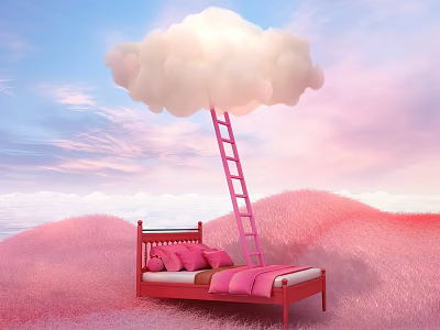 Pink Bed With Pink Ladder Reaching White Cloud In Pink Meadow Sky 3d model