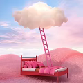 Pink Bed With Pink Ladder Reaching White Cloud In Pink Meadow Sky