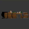 Wooden Table On Stone Floor With Cauldron Barrels Chest Bottles Jars And Tools