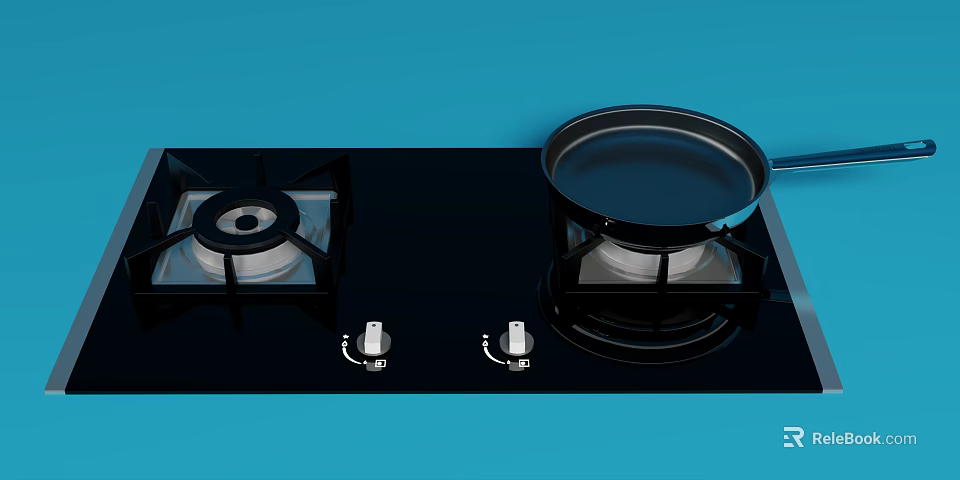 Black Gas Stove With Two Burners And Frying Pan On Blue Background 3d model 