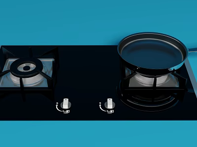 Black Gas Stove With Two Burners And Frying Pan On Blue Background 3d model