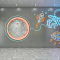 Public Wall With Orange Illuminated Hello Graphic Cartoon Character And Large Screen Showing Map Info
