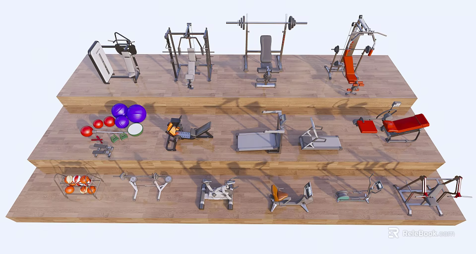 Diverse Sports Equipment Collection With Dumbbells Barbells Exercise Benches Yoga Balls And Treadmills 3d model 