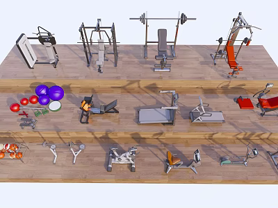 Diverse Sports Equipment Collection With Dumbbells Barbells Exercise Benches Yoga Balls And Treadmills 3d model