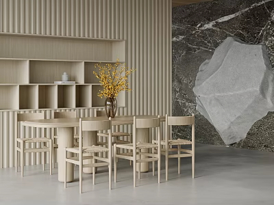 Light Wood Round Dining Table Set With Matching Chairs Wooden Texture Shelf Cabinet Yellow Flowers Marble Background Wall 3d model