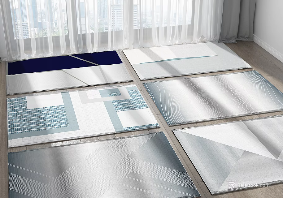 Modern Square Rugs With Geometric Patterns In Blue Gray White For Indoor Floor Decoration 3d model 