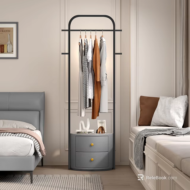 Stylish Modern Clothes Rack With Hanging Clothes In Bedroom Near Bedside Table And Design 3d model 
