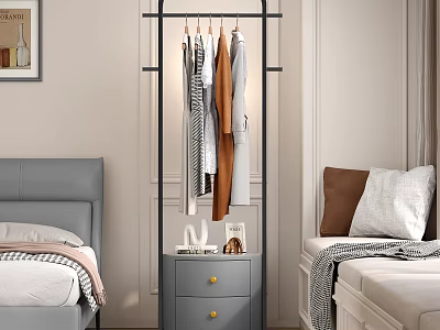 Stylish Modern Clothes Rack With Hanging Clothes In Bedroom Near Bedside Table And Design 3d model