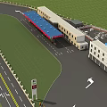 Modern Gas Station Building With Red Canopy Fuel Pumps And Parking Area