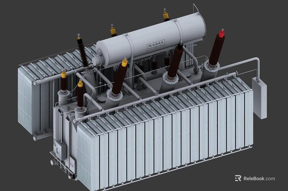Heavy Duty Industrial Transformer With Cylindrical Tank Radiator Panels And High Voltage Bushings 3d model 