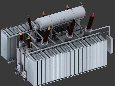 Heavy Duty Industrial Transformer With Cylindrical Tank Radiator Panels And High Voltage Bushings 3d model