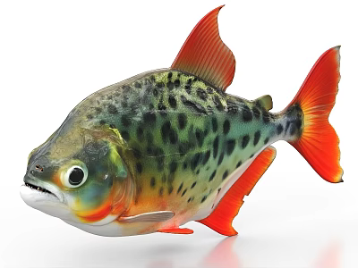 Colorful Piranha Fish With Red Fins Black Spots And Green Body 3d model
