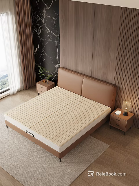 Modern Brown Leather Headboard Bed Frame With Beige Striped Mattress And Wooden Panel Wall 3d model 