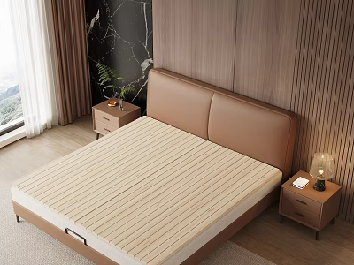 Modern Brown Leather Headboard Bed Frame With Beige Striped Mattress And Wooden Panel Wall 3d model