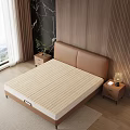 Modern Brown Leather Headboard Bed Frame With Beige Striped Mattress And Wooden Panel Wall
