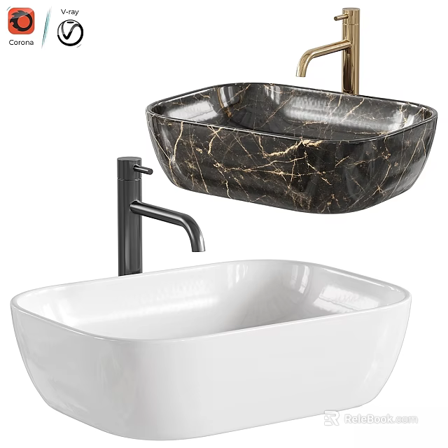 Modern Above Counter Washbasins Black Marble White With Gold Black Faucets 3d model 