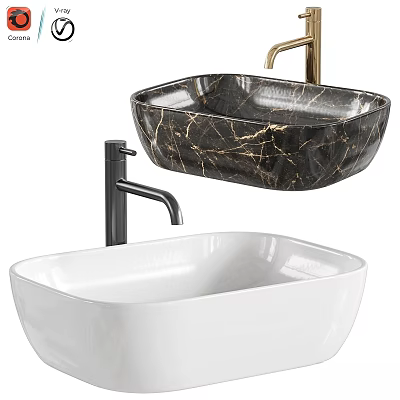 Modern Above Counter Washbasins Black Marble White With Gold Black Faucets 3d model