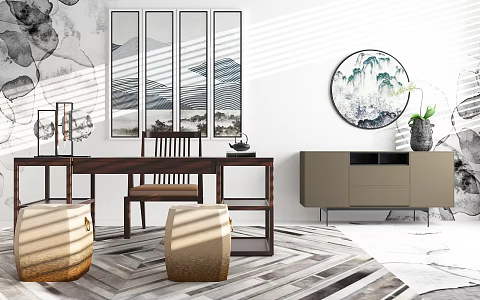 New Chinese Style Desk Chair Tea Table Desk Set 3d model