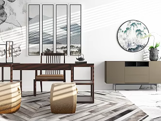 New Chinese Style Desk Chair Tea Table Desk Set 3d model
