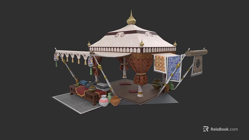 Traditional Style Commercial Complex Featuring Decorative Tapestries Tent And Clay Pots 3d model 