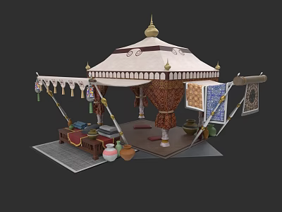 Traditional Style Commercial Complex Featuring Decorative Tapestries Tent And Clay Pots 3d model