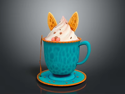 Whipped Cream Topped Dessert In Blue Decorative Cup With Rabbit Ear Cookies 3d model