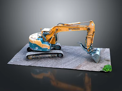Hyundai Excavator With Yellow Blue Body Tracked Design And Green Plant On Gray Ground 3d model