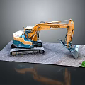 Hyundai Excavator With Yellow Blue Body Tracked Design And Green Plant On Gray Ground