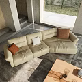 Modern Beige Sofa Set With Throw Pillows Wooden Coffee Table By Window With Tree View 3d model