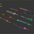 Decorative Colorful Swords Featuring Red Blue Black Blades Orange White Accents And Multiple Rings