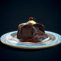 Chocolate Lava Cake With Whipped Cream And Cherry On Blue White Patterned Plate