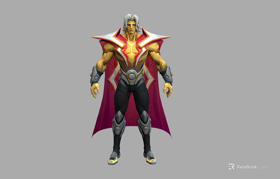 Man with White Hair and Red Cape in Gold and Red Costume with Muscular Build 3d model 