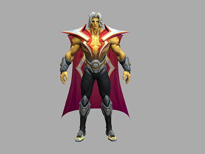 Man with White Hair and Red Cape in Gold and Red Costume with Muscular Build 3d model