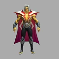 Man with White Hair and Red Cape in Gold and Red Costume with Muscular Build
