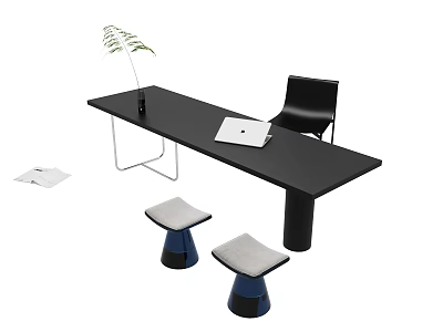 Black Desk Interior with Laptop Vase Plant Black Chair and Two Stools 3d model