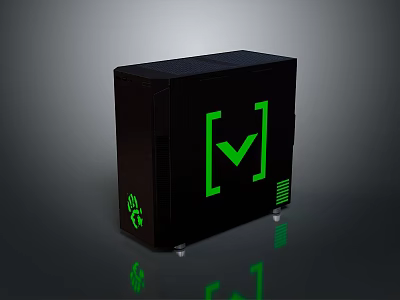 Black Gaming PC Case With Green Glowing Logo Paw Print And Bottom Wheels Design 3d model