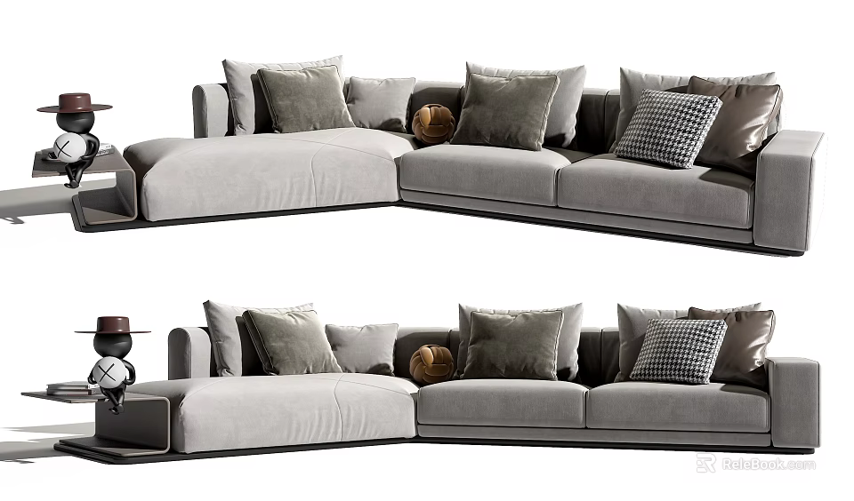Cozy Modern Light Gray Sectional Sofa with Plush Checkered Round Pillows Side Table and Decor 3d model