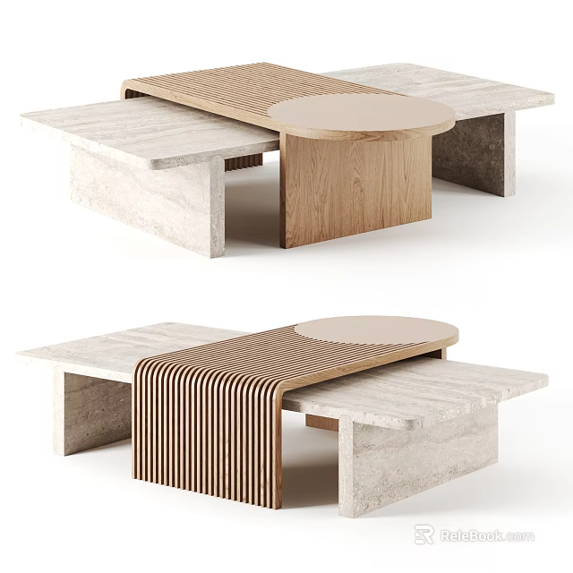 Modern Coffee Table Featuring Marble Top Wooden Base And Geometric Layered Design 3d model 