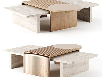 Modern Coffee Table Featuring Marble Top Wooden Base And Geometric Layered Design 3d model