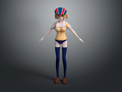 Anime Style 3D Character Model With Yellow Top Blue Thigh High Socks And Striped Hat 3d model