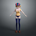 Anime Style 3D Character Model With Yellow Top Blue Thigh High Socks And Striped Hat