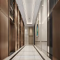 Elegant Elevator Lobby With Light Marble Walls Square Ceiling Lights And Vertical Blue Green Artwork 3d model