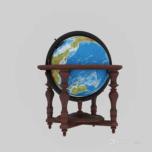 Classic Decorative Ornament Set With Blue Green Globe On Carved Wooden Stand 3d model 