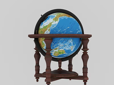 Classic Decorative Ornament Set With Blue Green Globe On Carved Wooden Stand 3d model