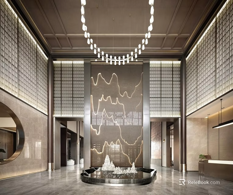 Luxury Modern Sales Office Interior With Chandelier Decorative Wall And Reception Desk 3d model 
