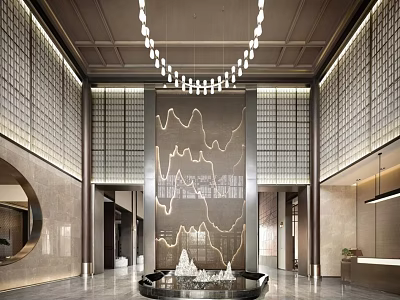 Luxury Modern Sales Office Interior With Chandelier Decorative Wall And Reception Desk 3d model
